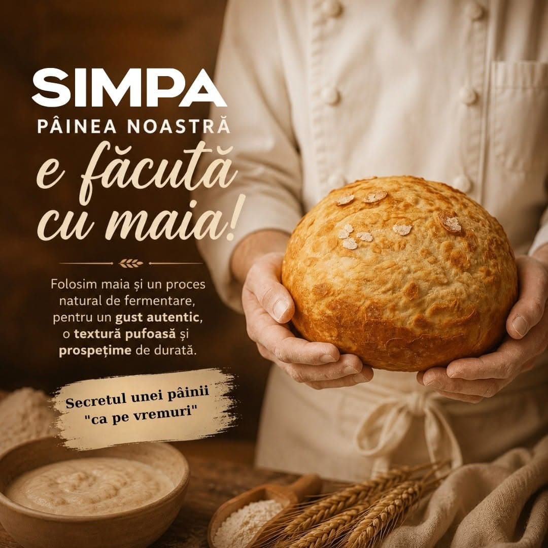 Brutar din Simpa ținând în mâini o pâine artizanală cu maia